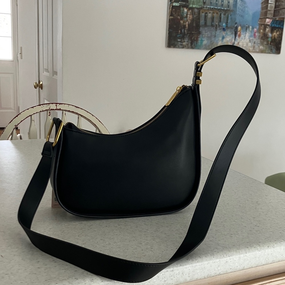 BCBG Black Vegan Leather Crescent Bag with Gold Details Bag Asymmetrical Design - Picture 7 of 13
